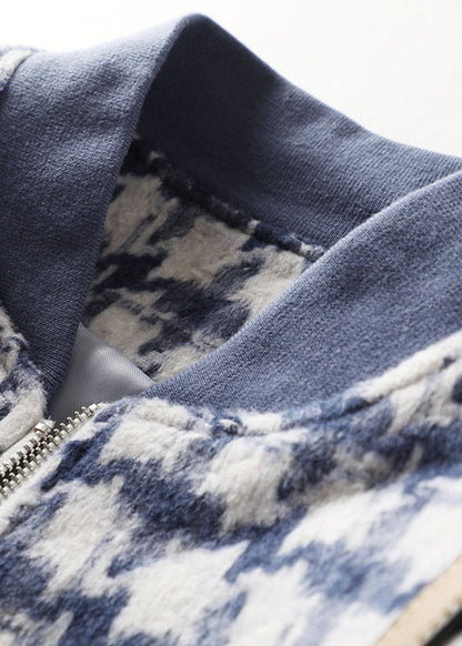 Einzigartige blaue Zip Up Plaid Wolljacken Frühling