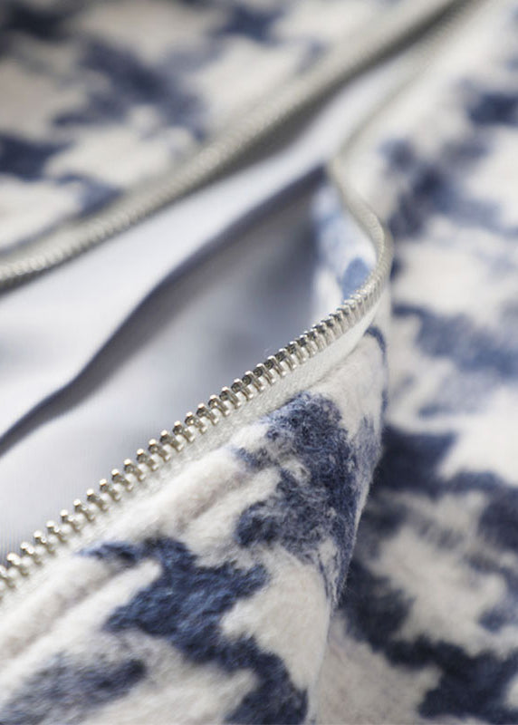 Einzigartige blaue Zip Up Plaid Wolljacken Frühling