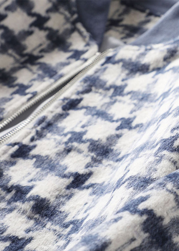 Einzigartige blaue Zip Up Plaid Wolljacken Frühling