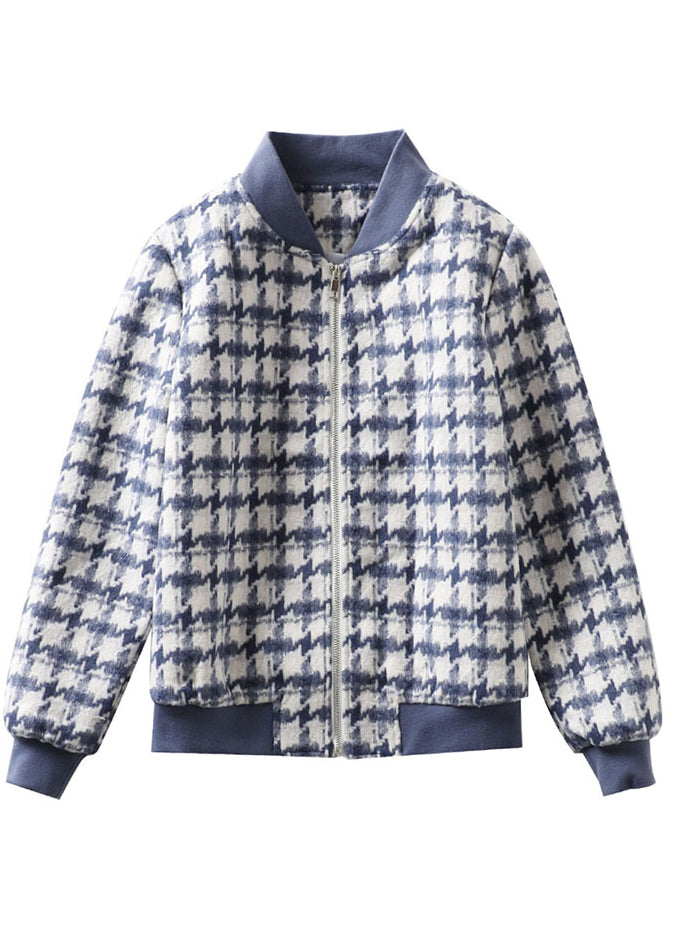 Einzigartige blaue Zip Up Plaid Wolljacken Frühling