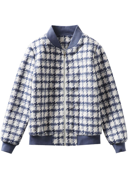 Einzigartige blaue Zip Up Plaid Wolljacken Frühling