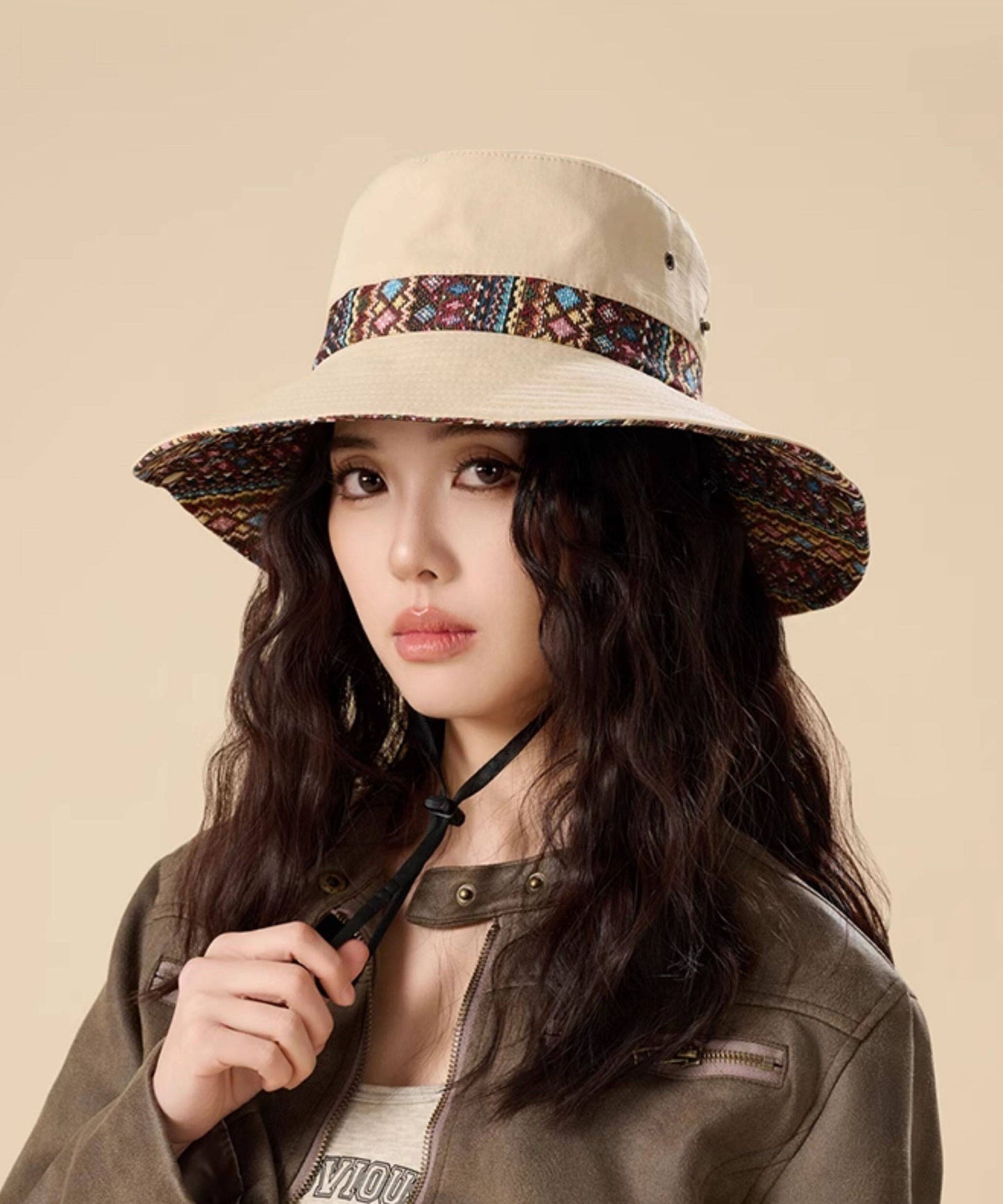 Unique Boho Khaki Outdoor Drawstring Bucket Hat