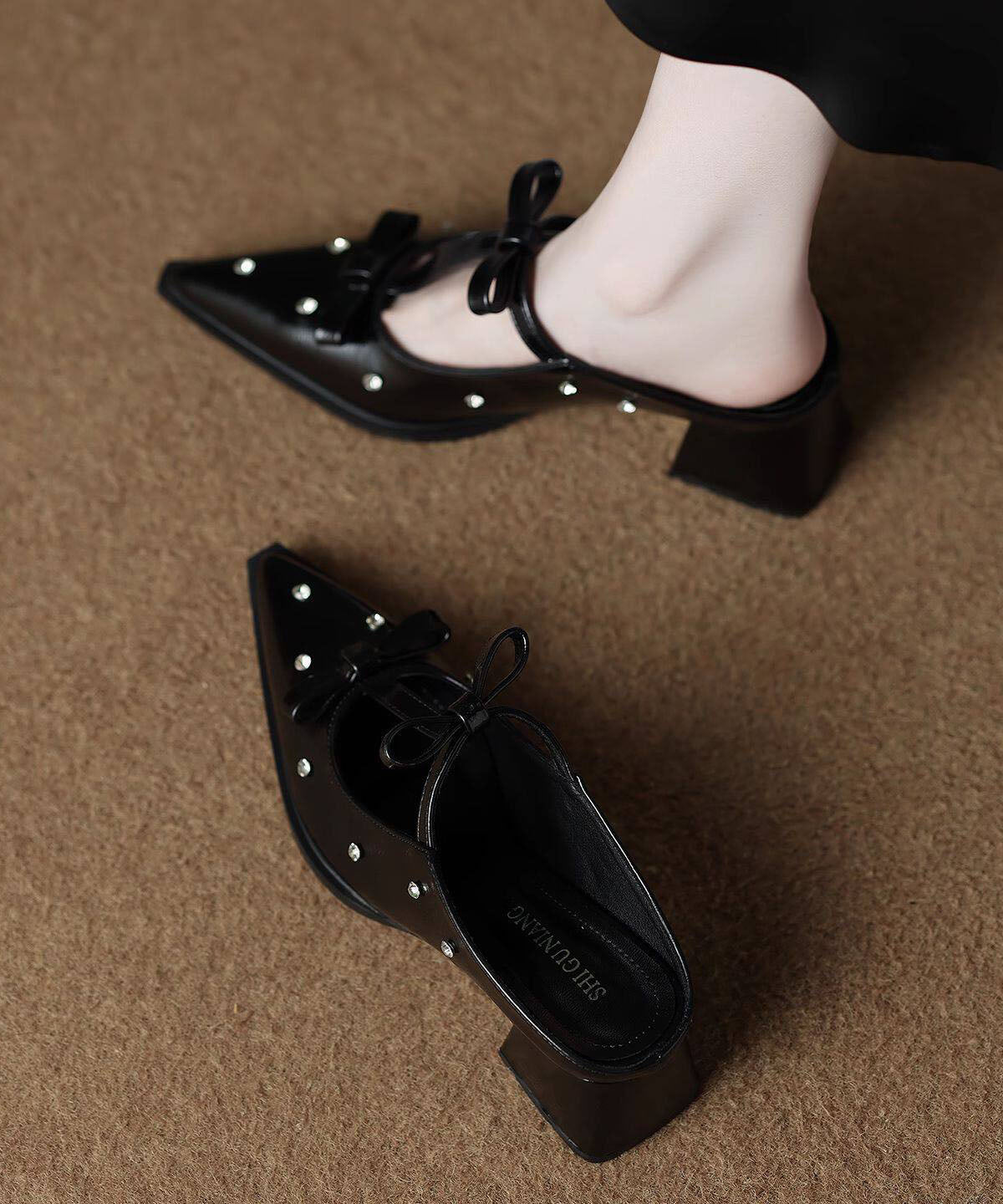 Unique Bow Zircon Splicing Chunky Black Faux Leather Slide Sandals