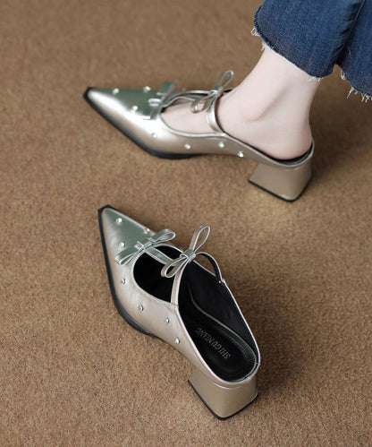 Unique Bow Zircon Splicing Chunky Black Faux Leather Slide Sandals