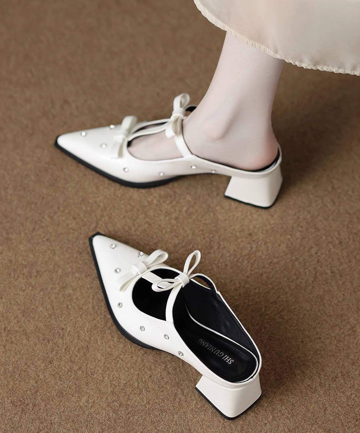 Unique Bow Zircon Splicing Chunky Black Faux Leather Slide Sandals