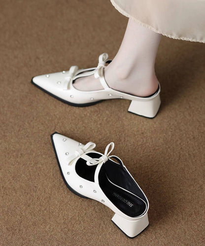 Unique Bow Zircon Splicing Chunky Black Faux Leather Slide Sandals