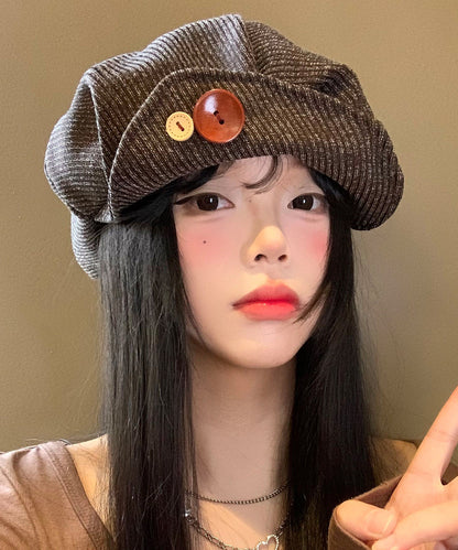 Unique Brown Button Patchwork Corduroy Breton Hat