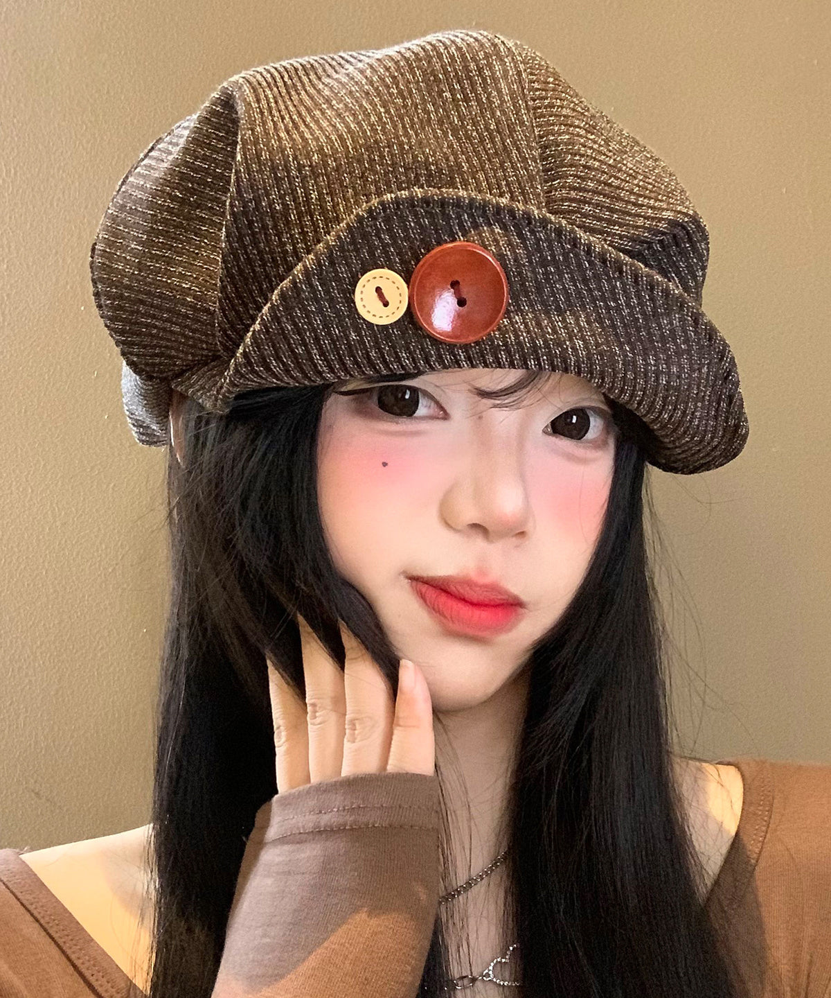 Unique Brown Button Patchwork Corduroy Breton Hat