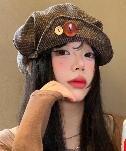 Unique Brown Button Patchwork Corduroy Breton Hat
