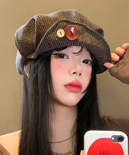 Unique Brown Button Patchwork Corduroy Breton Hat