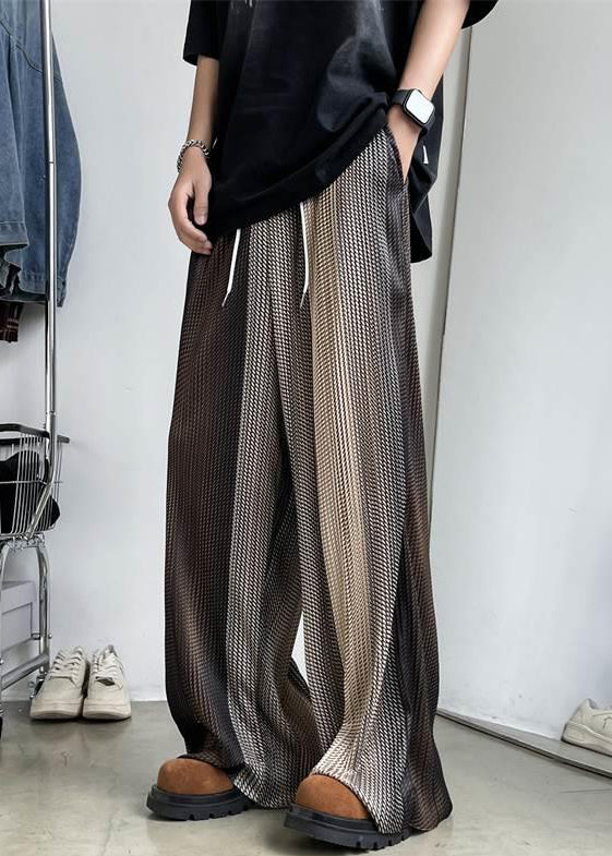 Unique Brown Elastic Waist Patchwork Ice Silk Men Wide Leg Pants Summer