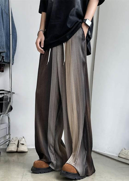 Unique Brown Elastic Waist Patchwork Ice Silk Men Wide Leg Pants Summer