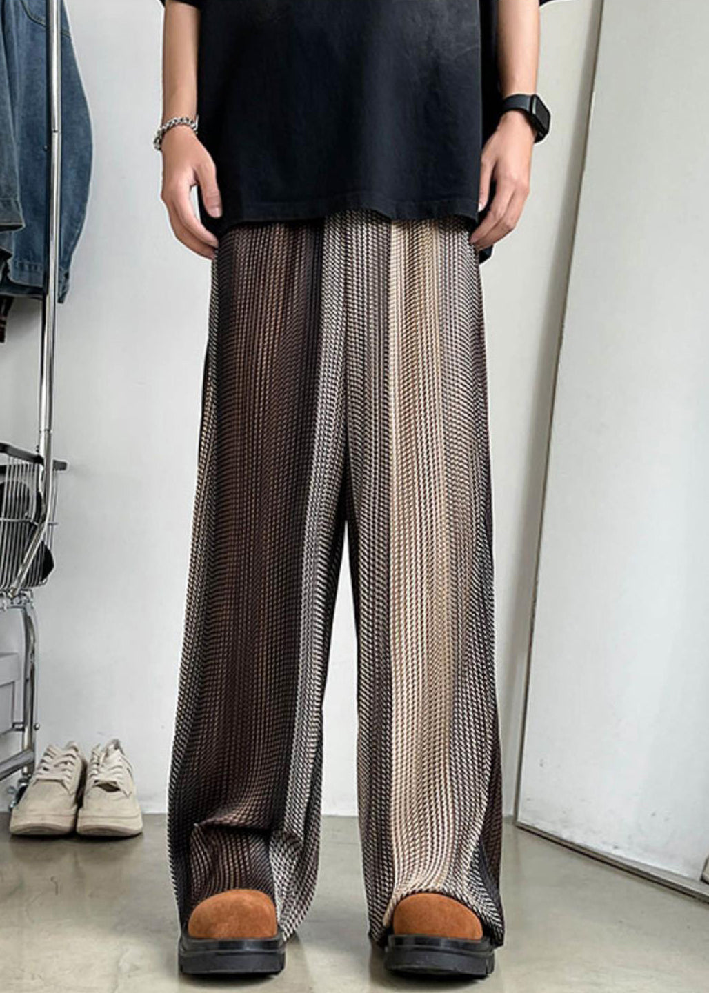 Unique Brown Elastic Waist Patchwork Ice Silk Men Wide Leg Pants Summer