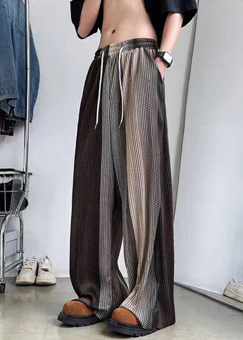 Unique Brown Elastic Waist Patchwork Ice Silk Men Wide Leg Pants Summer