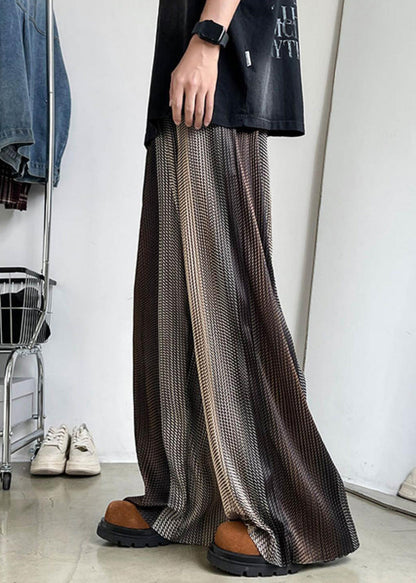 Unique Brown Elastic Waist Patchwork Ice Silk Men Wide Leg Pants Summer