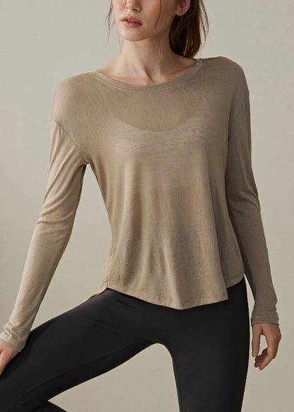 Unique Brown O-Neck Asymmetrical Yoga Top