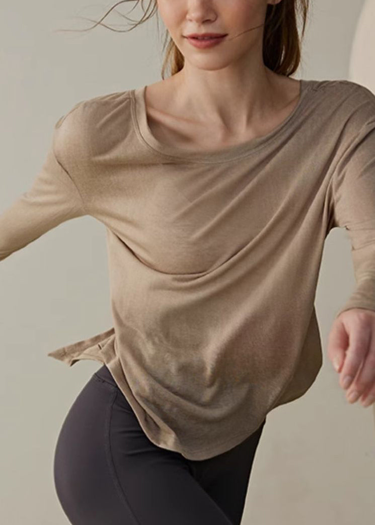 Unique Brown O-Neck Asymmetrical Yoga Top
