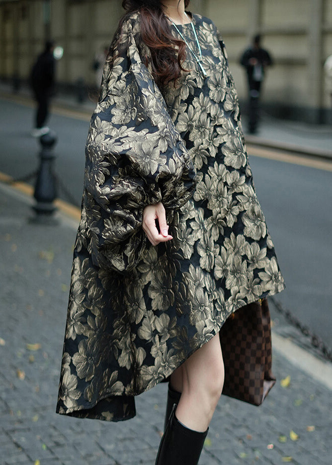 Unique Brown O-Neck Print Low High Design Vacation Long Dresses Fall