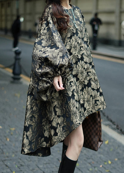 Unique Brown O-Neck Print Low High Design Vacation Long Dresses Fall