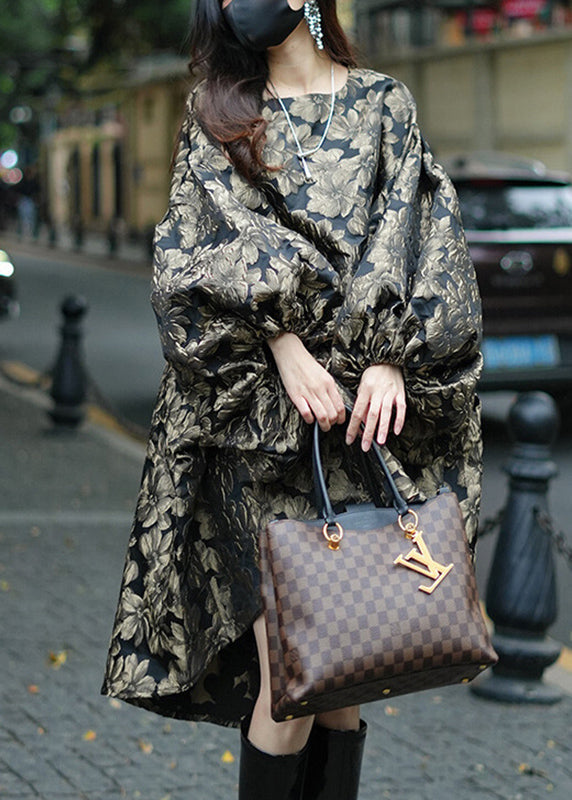 Unique Brown O-Neck Print Low High Design Vacation Long Dresses Fall