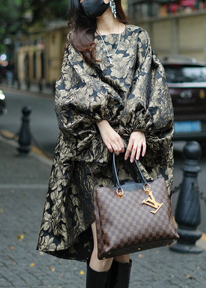 Unique Brown O-Neck Print Low High Design Vacation Long Dresses Fall