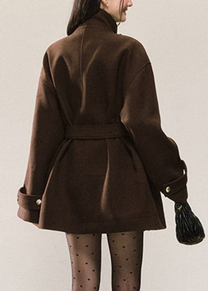Unique Brown Tie Waist Pockets Woolen Coats Long Sleeve
