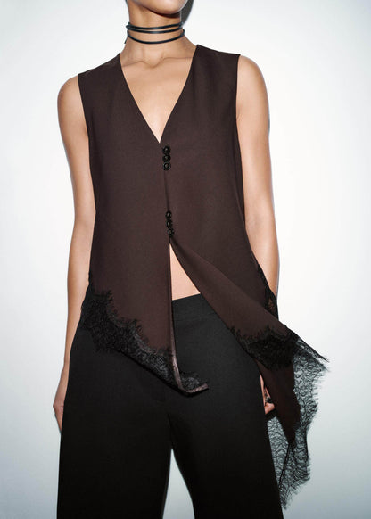 Unique Brown V Neck Lace Patchwork Silk Blouses Sleeveless