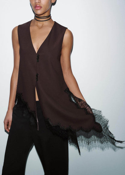 Unique Brown V Neck Lace Patchwork Silk Blouses Sleeveless