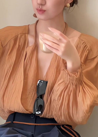 Unique Caramel False Two Pieces Patchwork Cotton Tops Spring