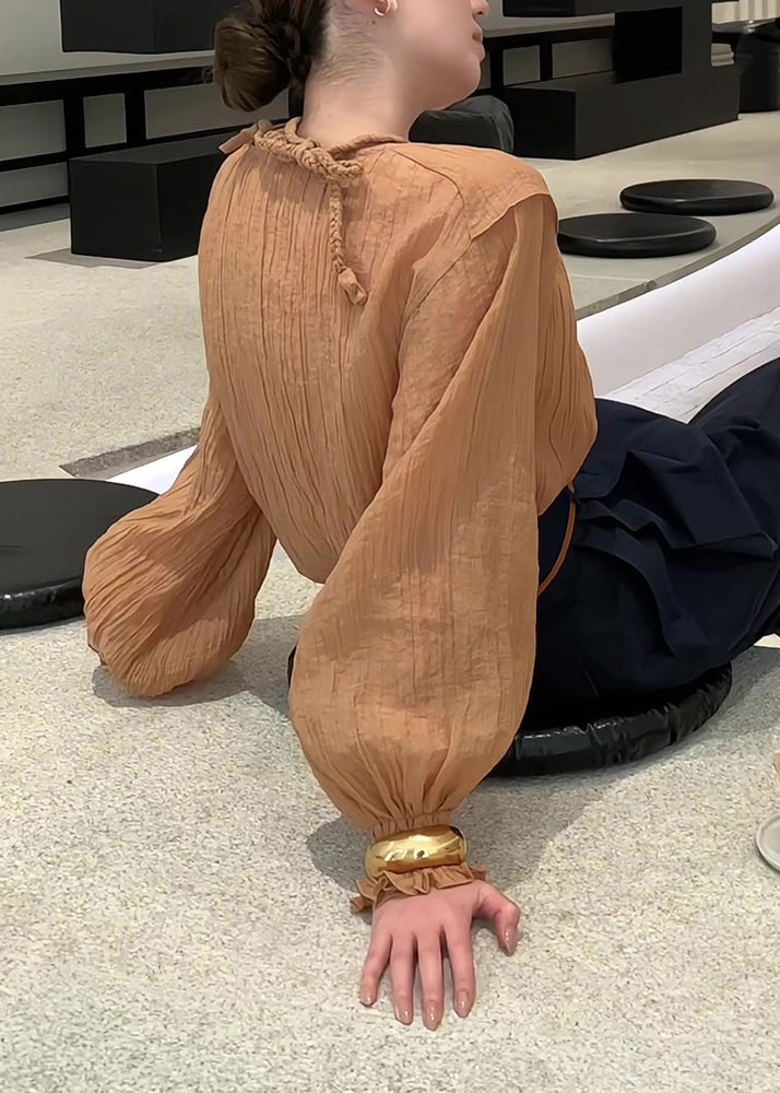 Unique Caramel False Two Pieces Patchwork Cotton Tops Spring