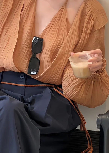 Unique Caramel False Two Pieces Patchwork Cotton Tops Spring