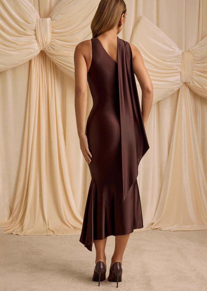 Unique Chocolate One Shoulder Ice Silk Wraped Dress Summer