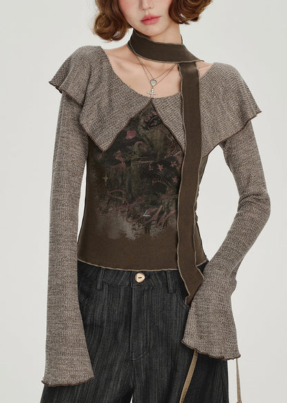 Unique Chocolate Peter Pan Collar Print Top Flare Sleeve