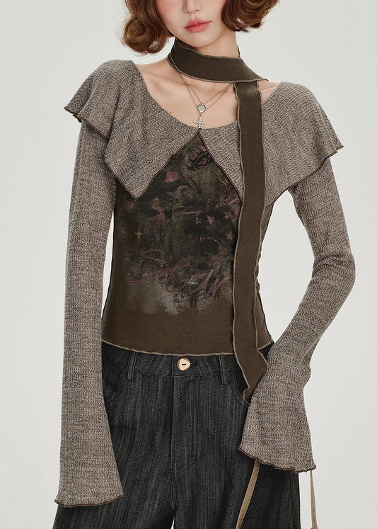 Unique Chocolate Peter Pan Collar Print Top Flare Sleeve