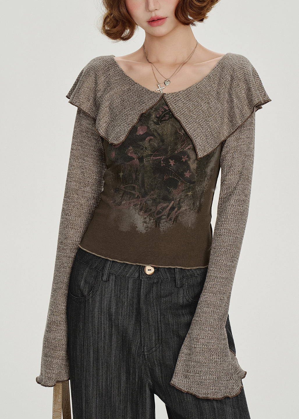 Unique Chocolate Peter Pan Collar Print Top Flare Sleeve