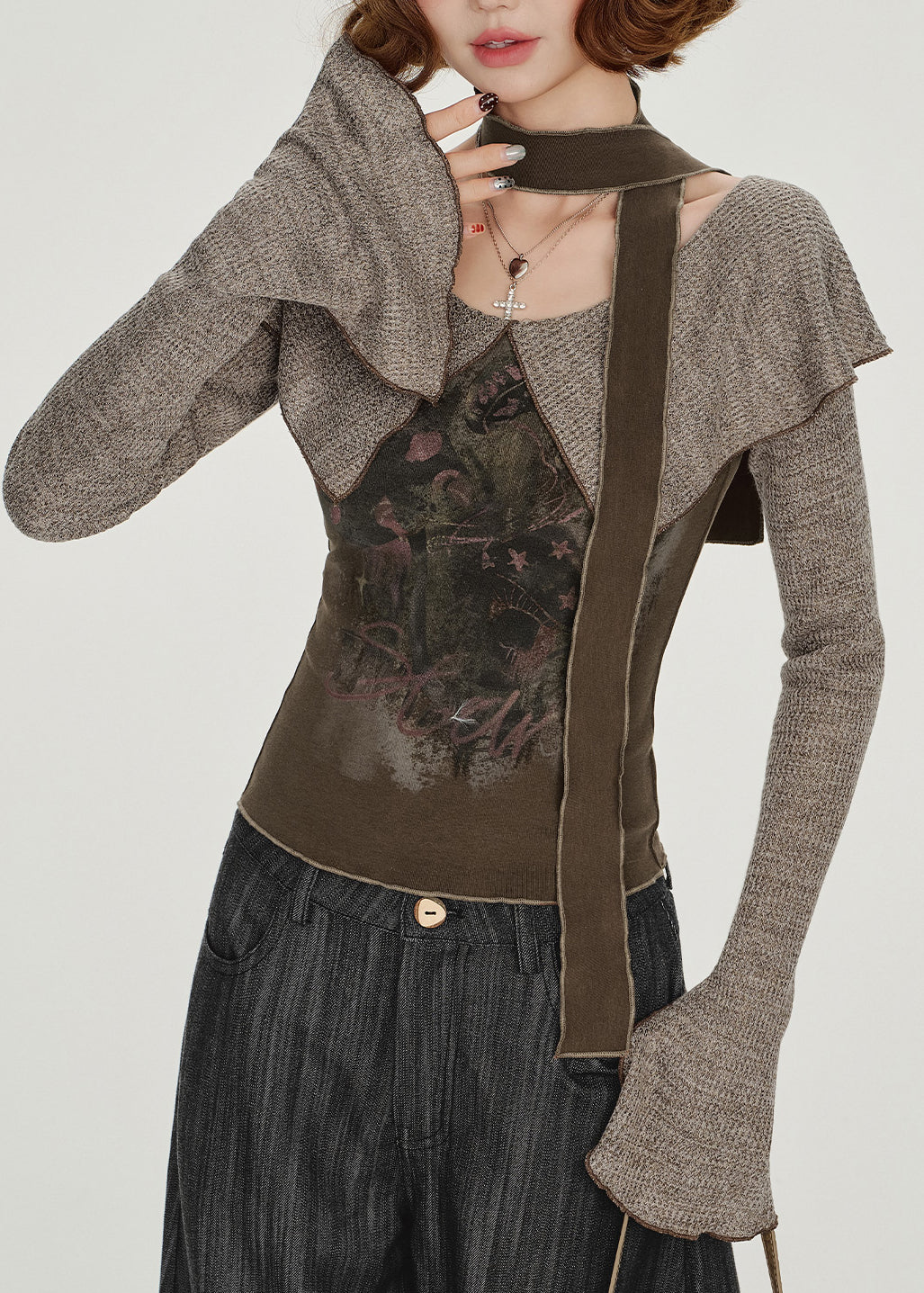 Unique Chocolate Peter Pan Collar Print Top Flare Sleeve