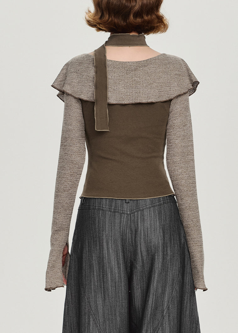 Unique Chocolate Peter Pan Collar Print Top Flare Sleeve