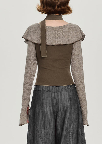 Unique Chocolate Peter Pan Collar Print Top Flare Sleeve