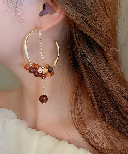 Pendientes de aro con borlas en forma de C y esfericidad de sándalo y aleación de café únicos