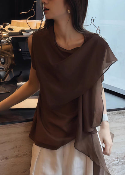 Unique Coffee Asymmetrical Patchwork Chiffon Shirt Top Sleeveless