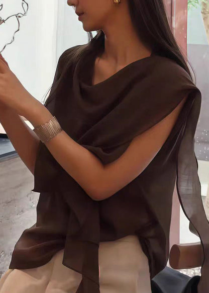Unique Coffee Asymmetrical Patchwork Chiffon Shirt Top Sleeveless
