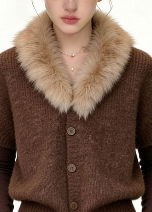 Unique Coffee Fur Collar Patchwork Cotton Knit Coats Fall