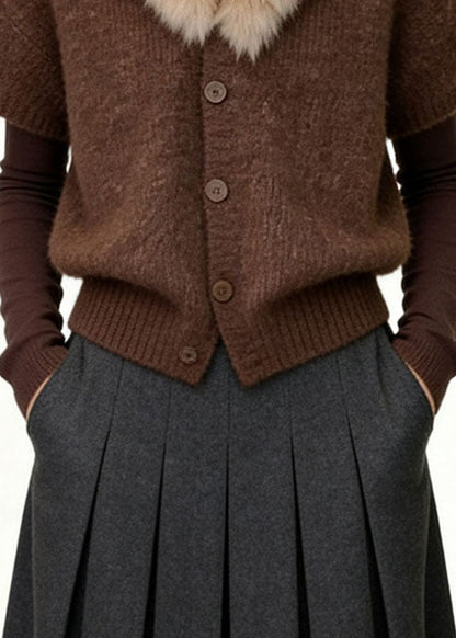 Unique Coffee Fur Collar Patchwork Cotton Knit Coats Fall