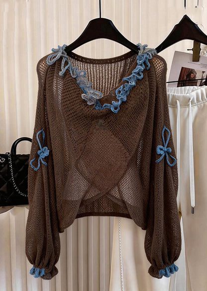 Unique Coffee V Neck Floral Decorated Knit Top Long Sleeve
