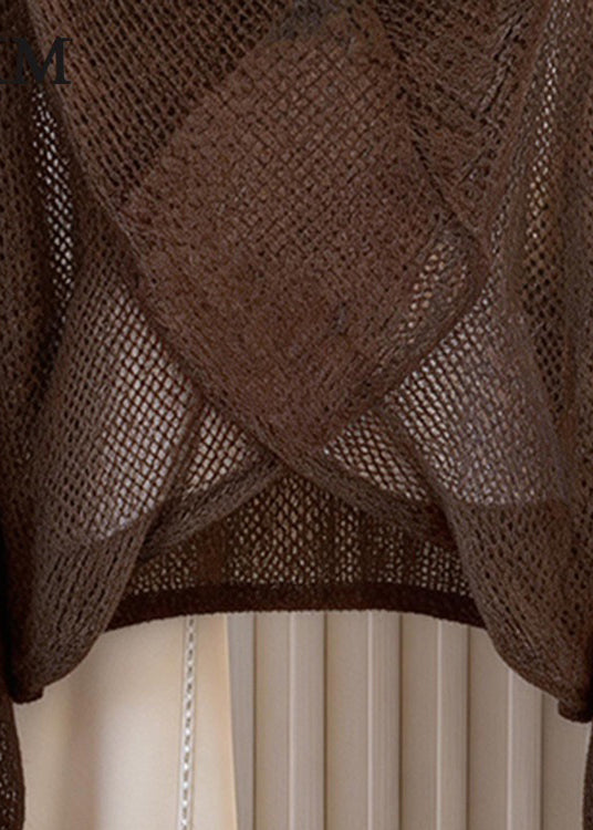 Unique Coffee V Neck Floral Decorated Knit Top Long Sleeve