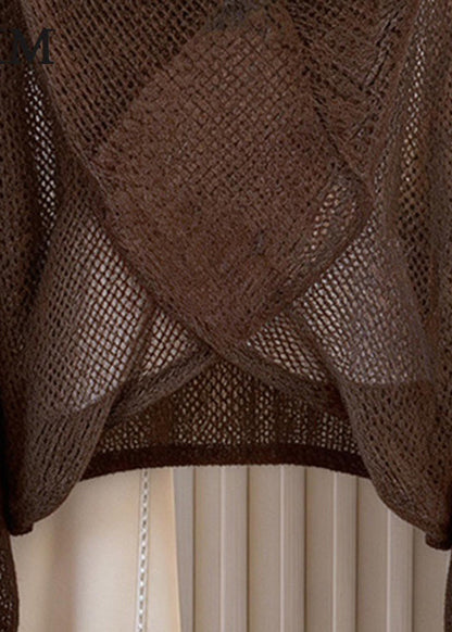 Unique Coffee V Neck Floral Decorated Knit Top Long Sleeve