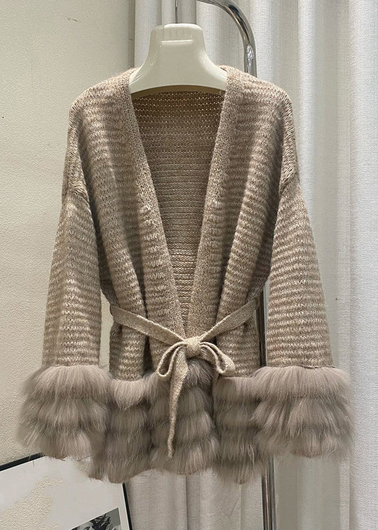 Einzigartige kaffeefarbene V-Ausschnitt-Strickjacken aus Baumwolle mit Fuchs-Patchwork-Muster für den Frühling