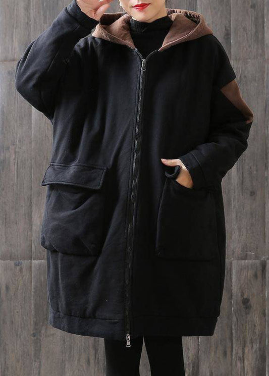 Einzigartige Schokolade mit Kapuze Reißverschluss Taschen Patchwork Winter Baumwolle Dicke Mäntel Langarm