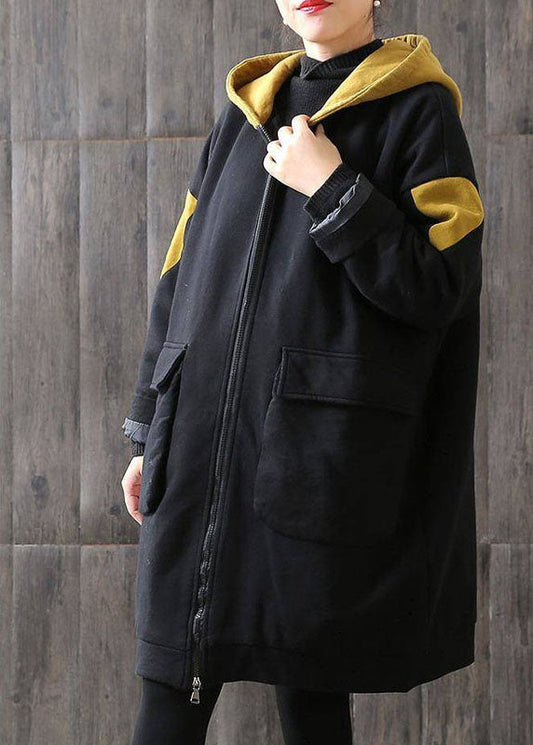 Einzigartige Schokolade mit Kapuze Reißverschluss Taschen Patchwork Winter Baumwolle Dicke Mäntel Langarm