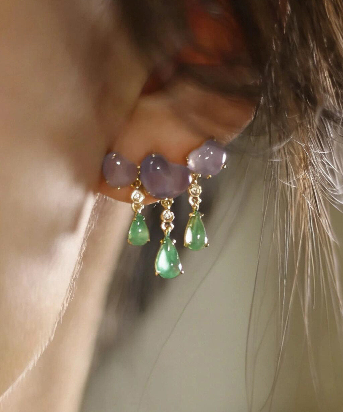 Unique Colorblock Copper Overgild Jade Love Water Droplet Tassel Drop Earrings